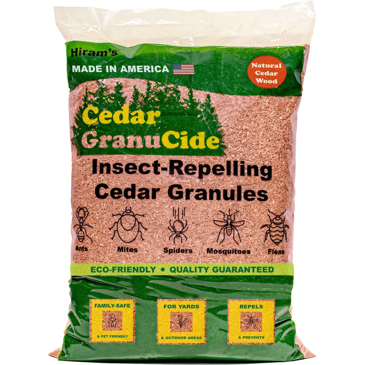 HIRAM'S GranuCide cedar granules in garden beds deter pests and mulch.