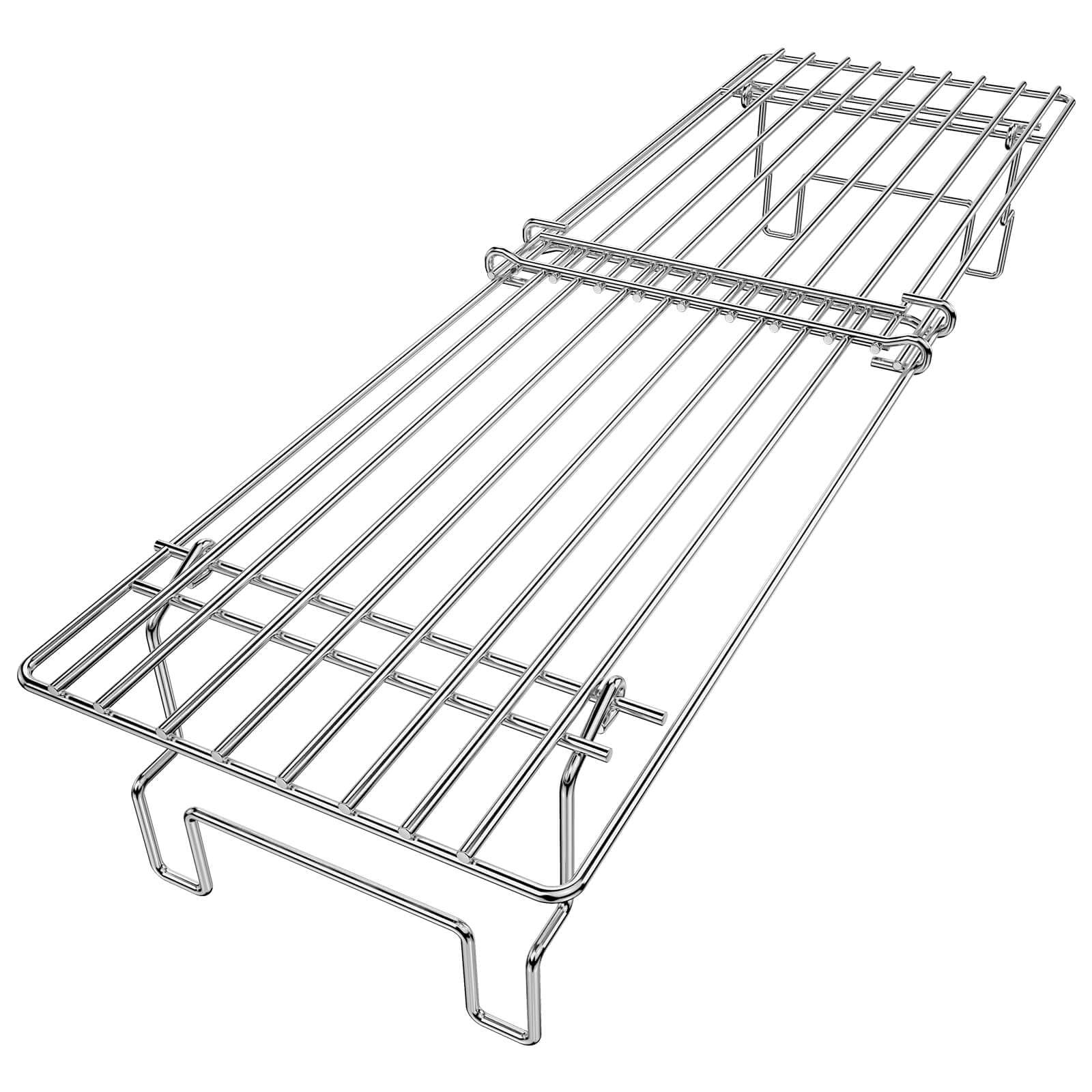 Hisencn universal grill rack in use on a wide grill, extending warming space.