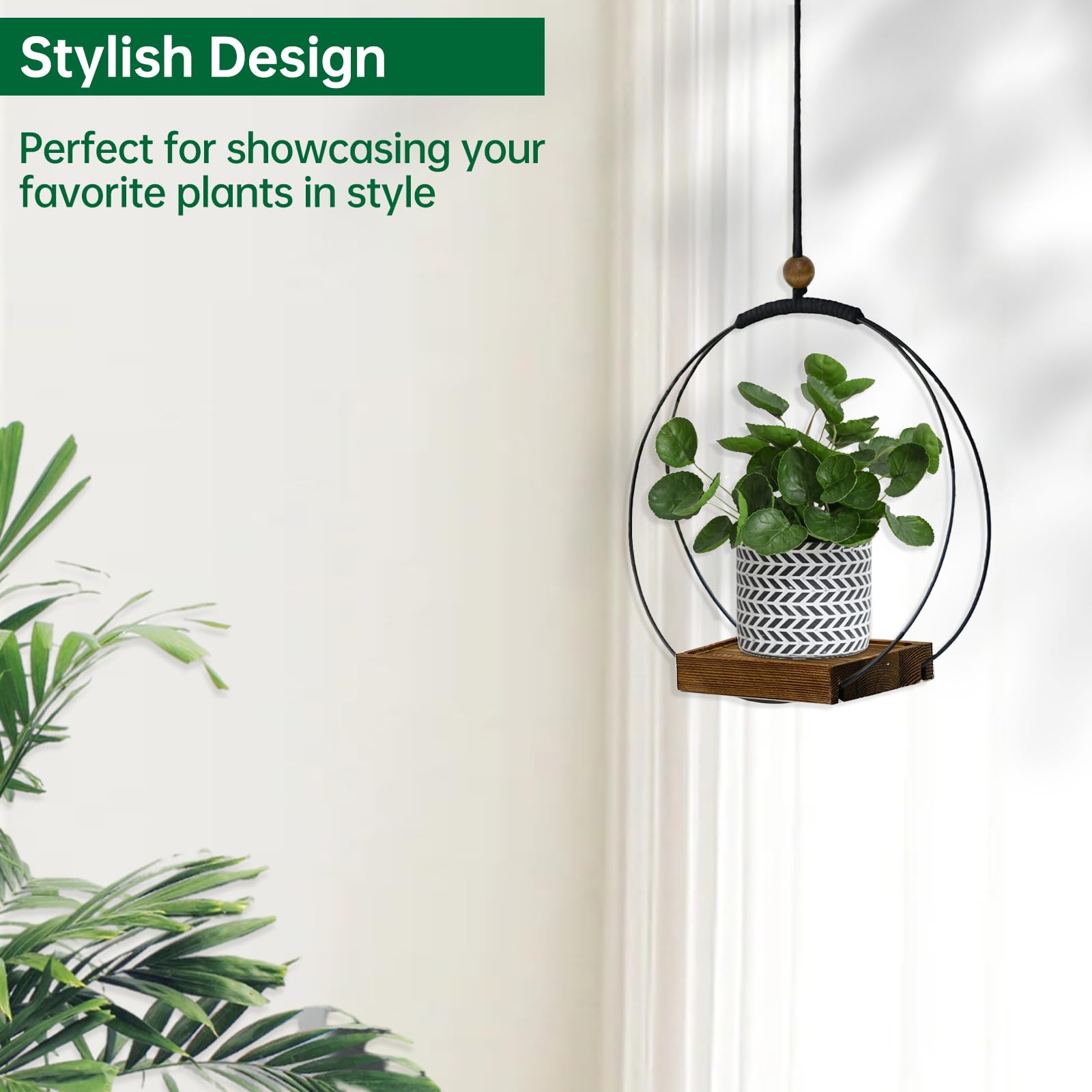 Hismocal adjustable rope-length planter for flexible pot height and placement.
