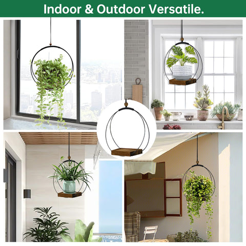 Hismocal macrame plant hanger with wood base showcases boho style in living spaces.