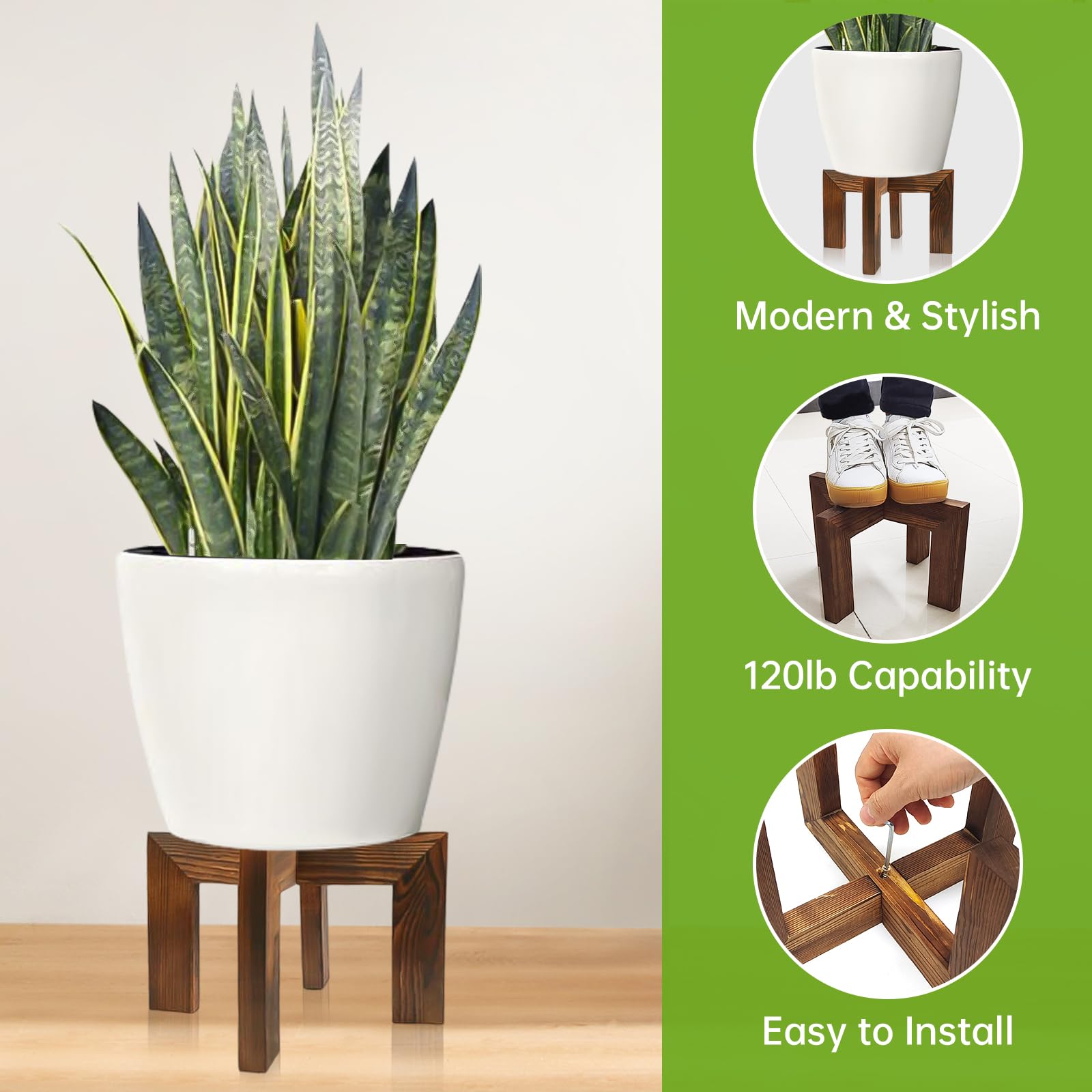 Hismocal plant stand in sturdy wood construction supports heavy pots up to 100 pounds.