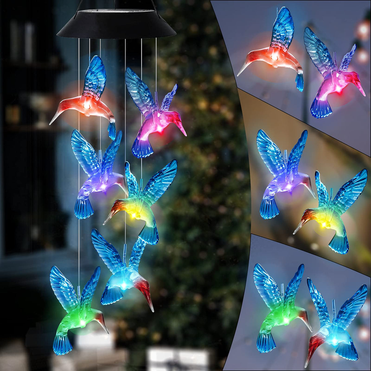 HiSolar hummingbird wind chimes with blue light for vibrant garden ambiance