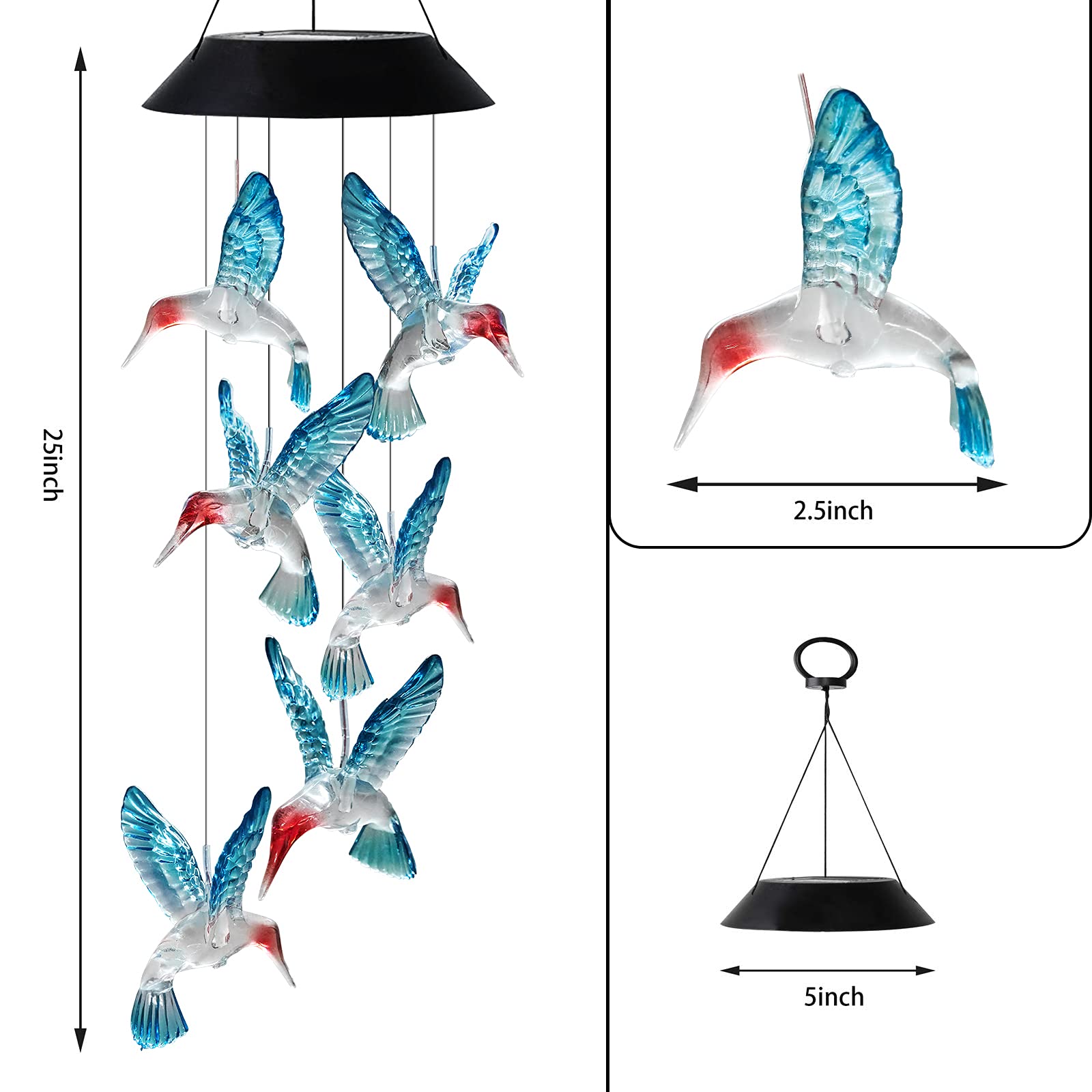 HiSolar close-up of LED hummingbird wind chime glow