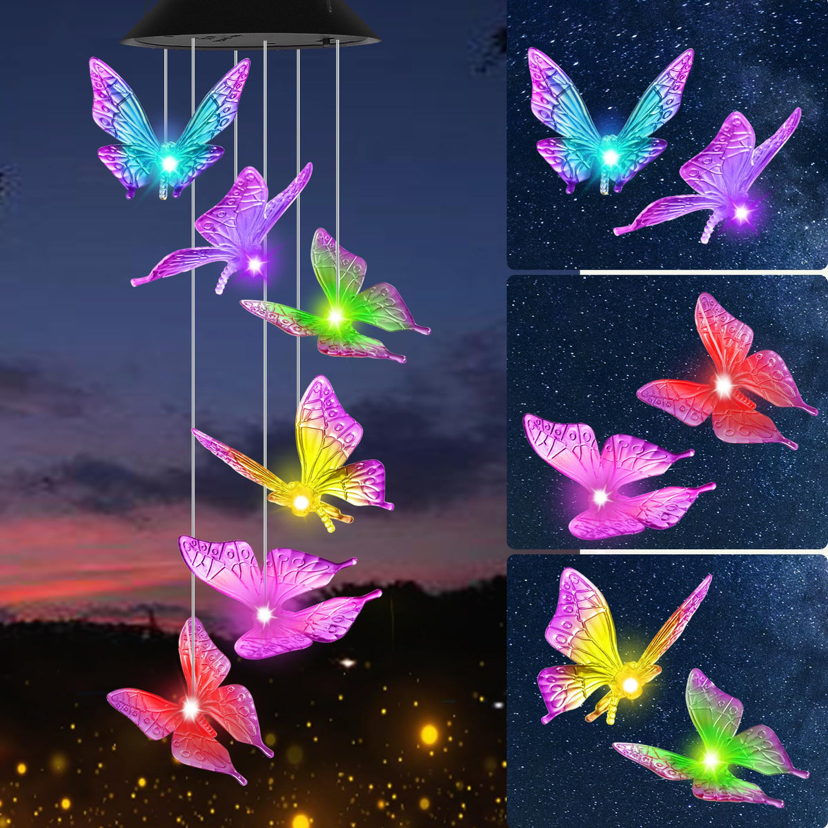 HiSolar purple butterfly wind chimes illuminate softly at night for outdoor ambiance.
