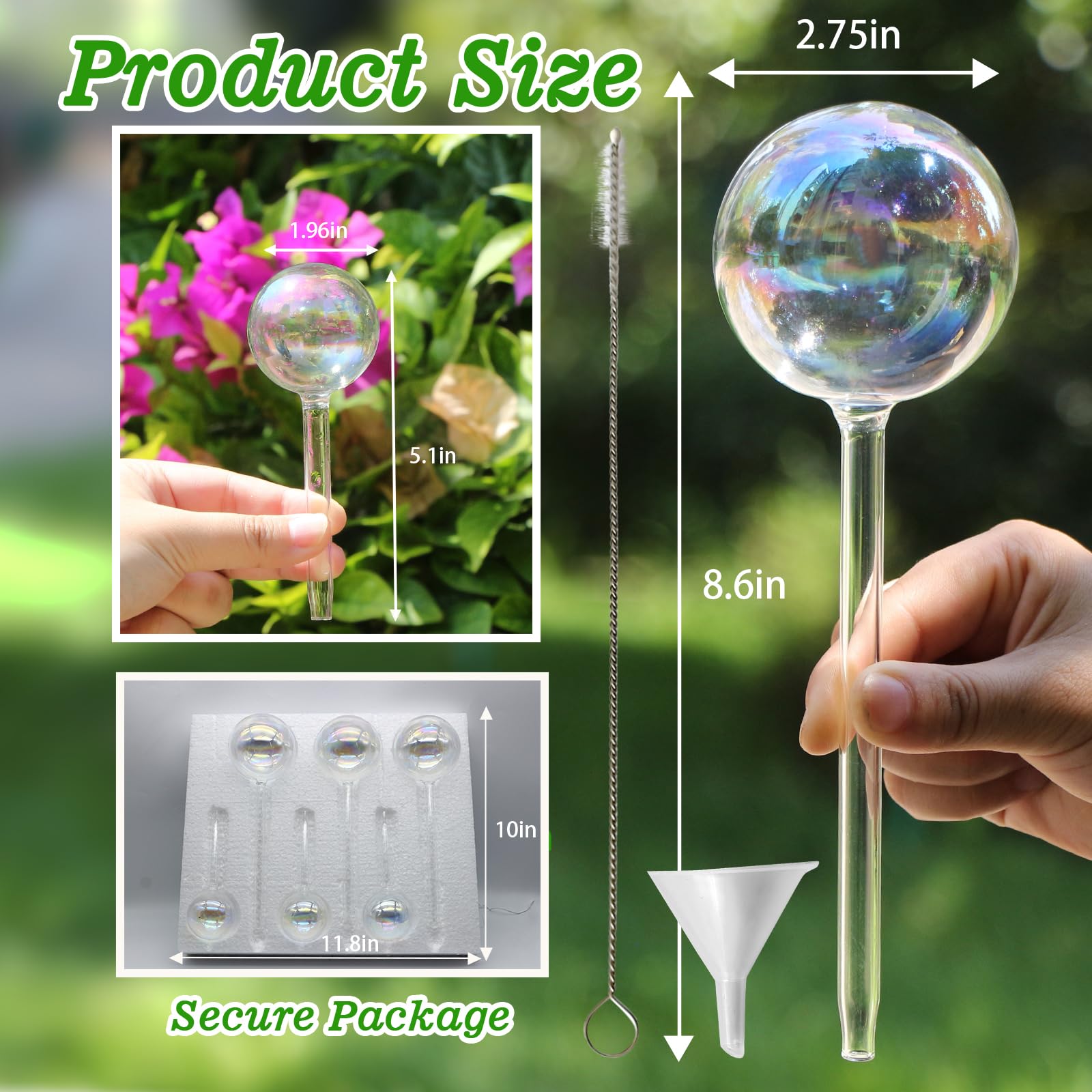 Histely glass self-watering spikes highlight the elegant bulbs for steady plant hydration