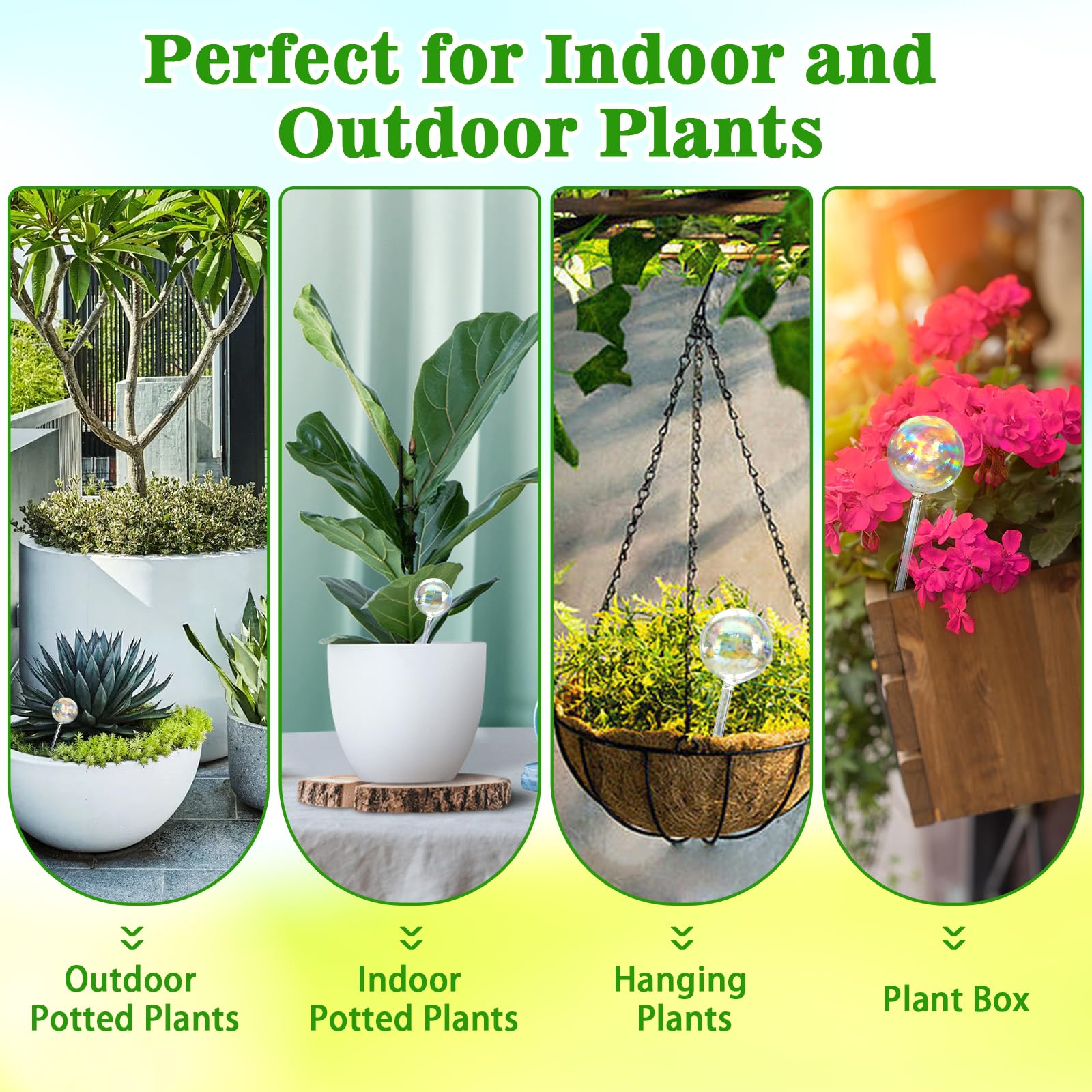 Histely watering globes fit indoor pots, plant boxes, and hanging baskets