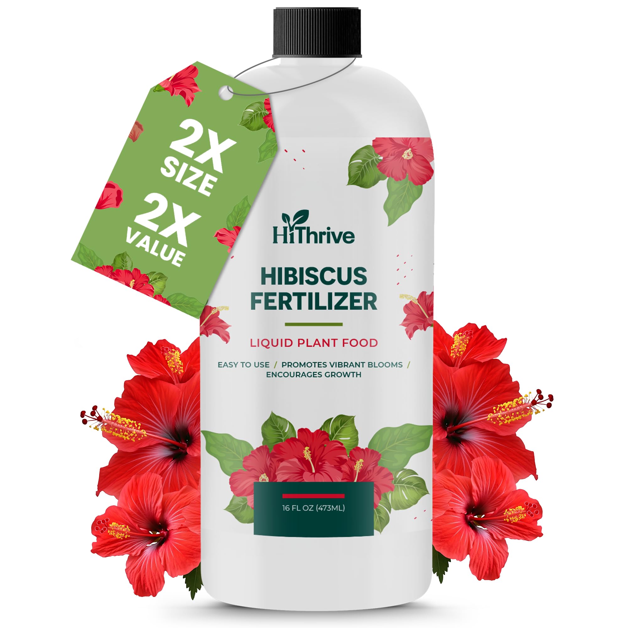 HiThrive 16oz Hibiscus Fertilizer bottle for lush foliage and showy hibiscus blooms.