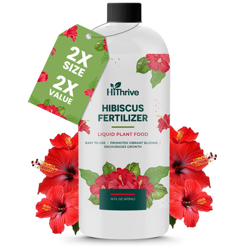 HiThrive 16oz Hibiscus Fertilizer bottle for lush foliage and showy hibiscus blooms.