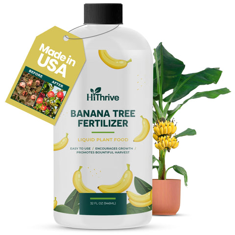 HiThrive 32oz banana fertilizer bottle for easy mixing and steady growth.
