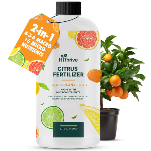 HiThrive 32oz citrus fertilizer bottle label promotes balanced nutrition for citrus leaves.