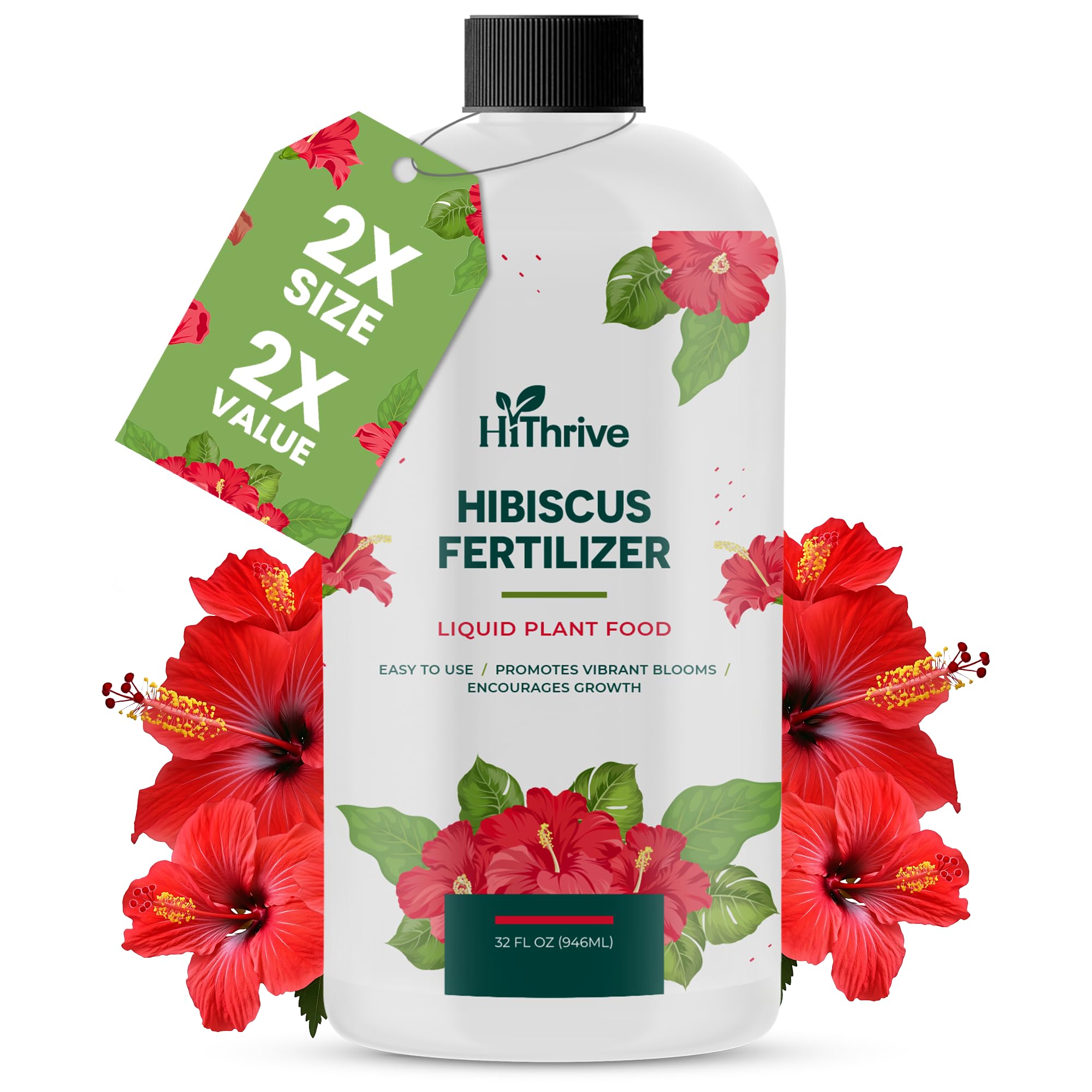 HiThrive 32oz Hibiscus Fertilizer bottle front boosts vibrant blooms and lush foliage.