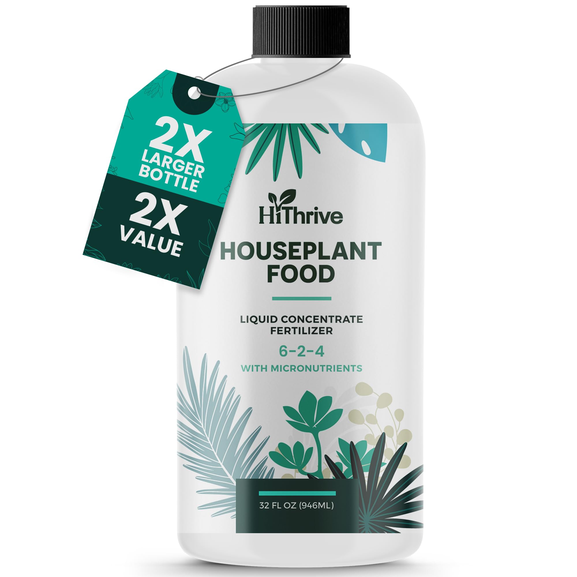 HiThrive 32oz Houseplant Fertilizer bottle being poured to mix in water for growth