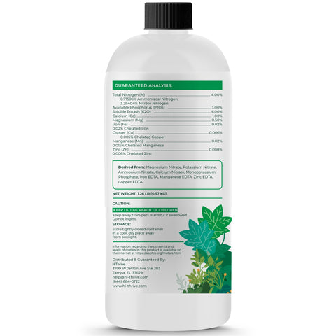 HiThrive aeroponics liquid fertilizer label closeup shows NPK 4-3-6 details for growth planning.