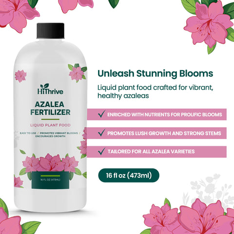 HiThrive Azalea Fertilizer bottle pour demonstrates easy mixing for thriving azaleas