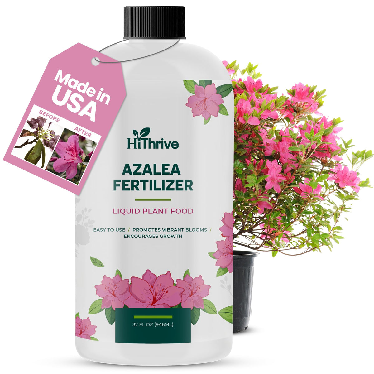 HiThrive azalea fertilizer bottle boosts vibrant blooms and lush leaves.