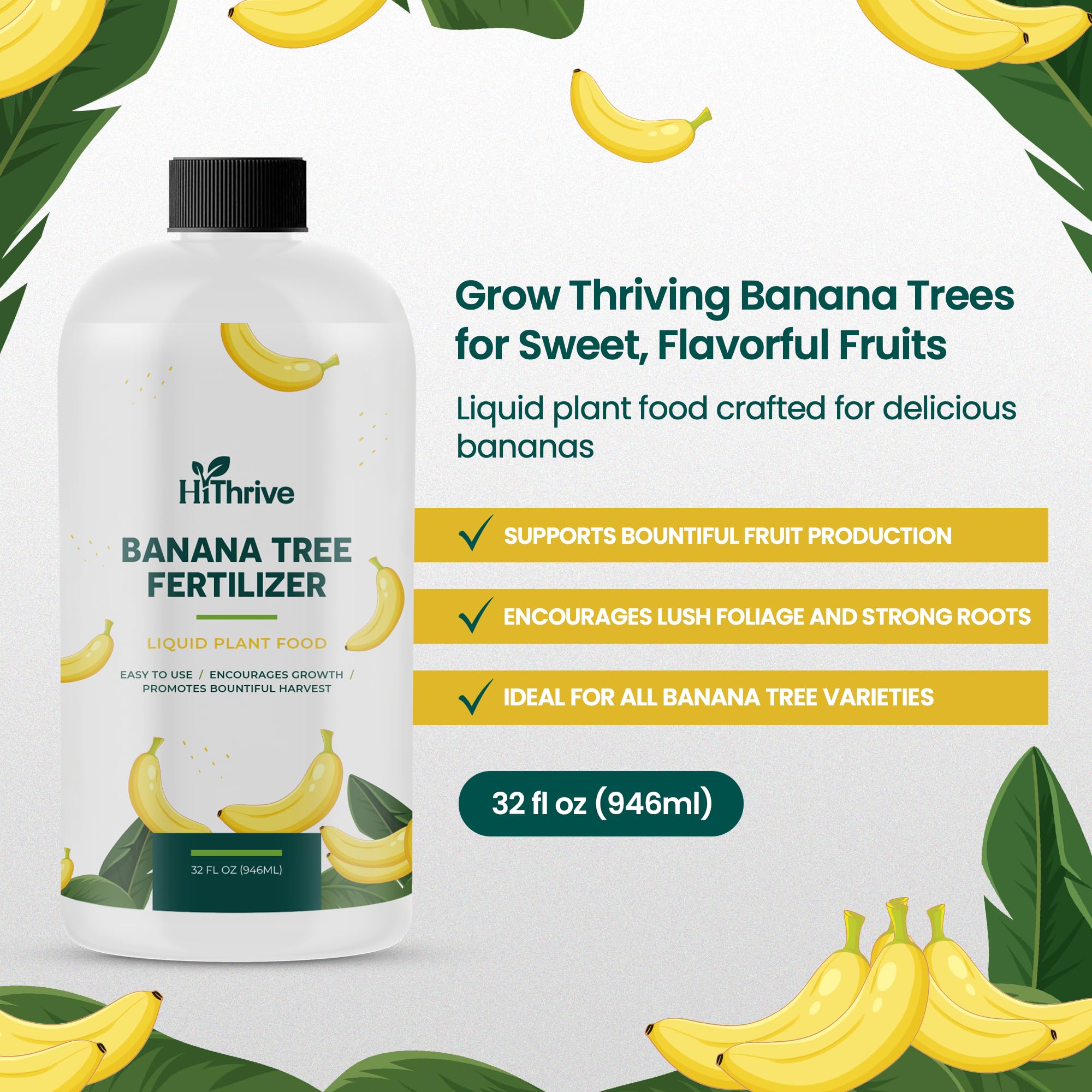HiThrive banana fertilizer label with dosage and use directions.