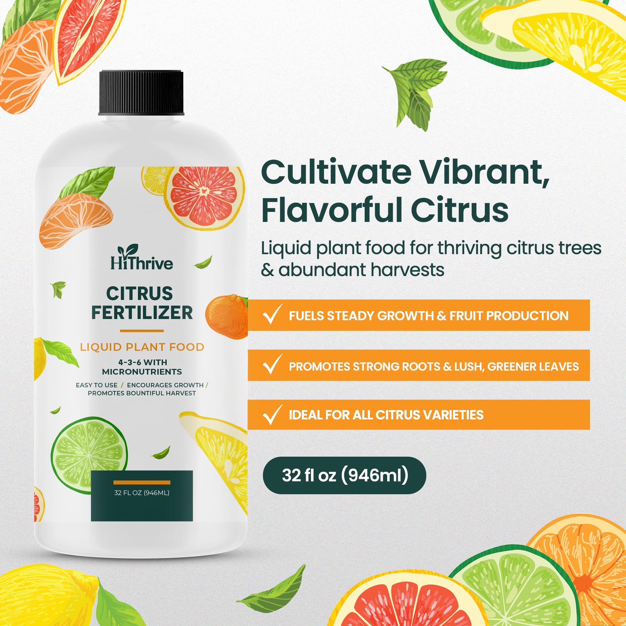 HiThrive citrus fertilizer bottle pour demonstrates easy, mess-free application.