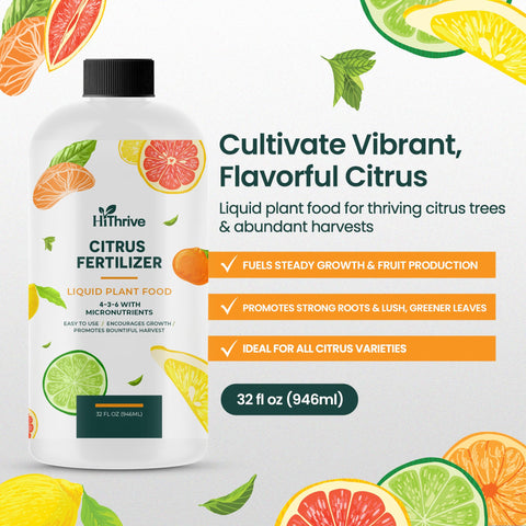 HiThrive citrus fertilizer bottle pour demonstrates easy, mess-free application.