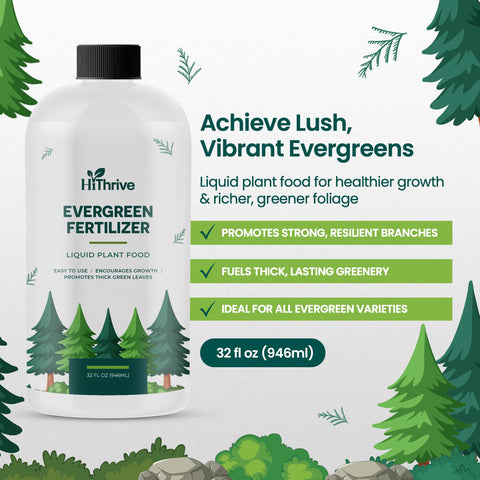 HiThrive Evergreen Fertilizer bottle label shows nutrients for strong roots