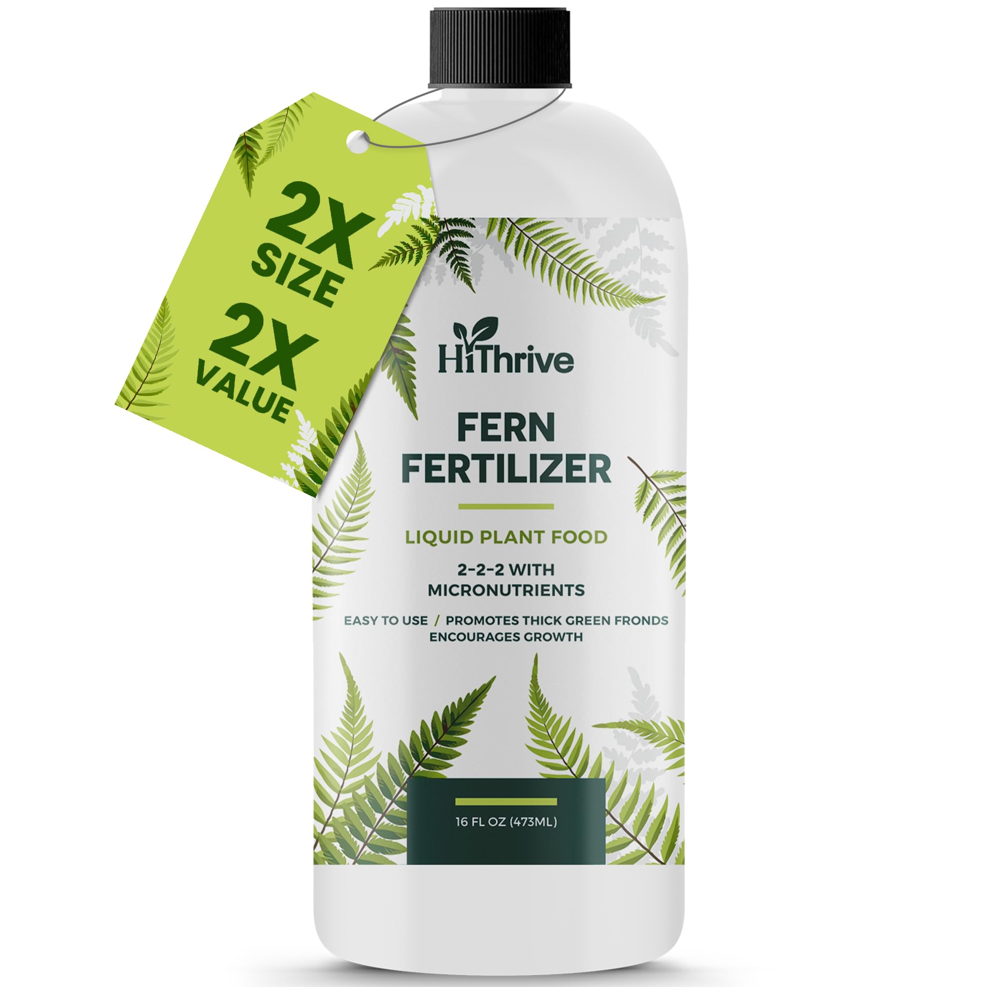 HiThrive fern fertilizer bottle promoting vibrant, dense fronds for indoor greenery.
