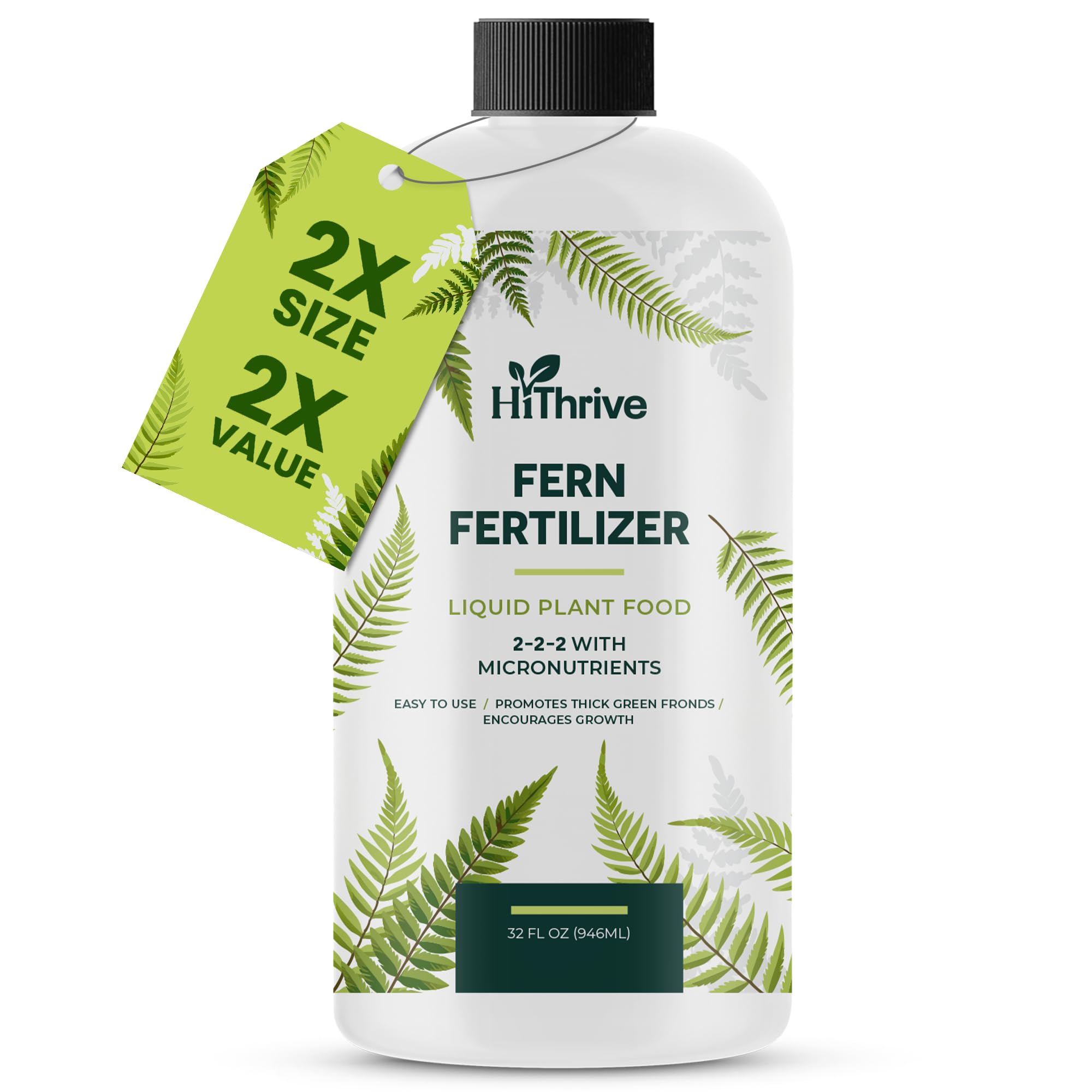 HiThrive fern fertilizer bottle boosts greener fronds and robust roots.