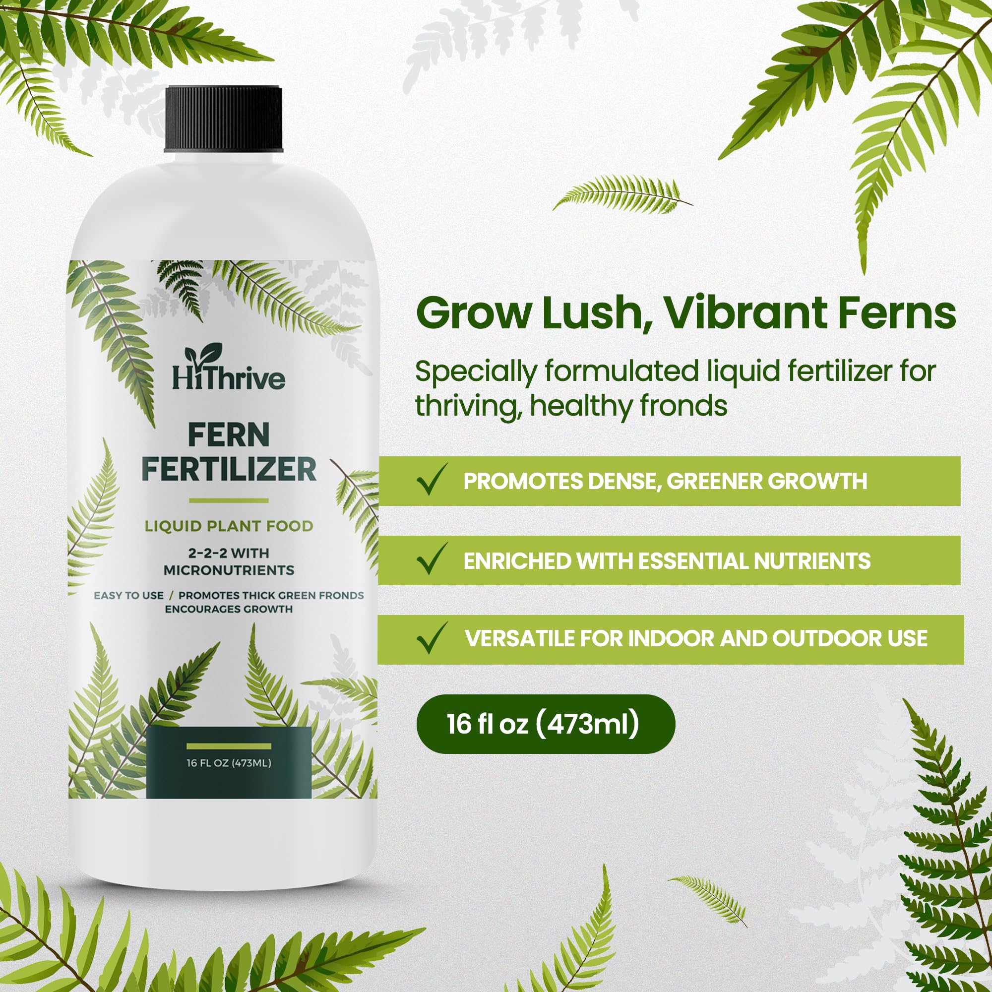 HiThrive fern fertilizer measuring cap shows precise dosing for consistent feeding.