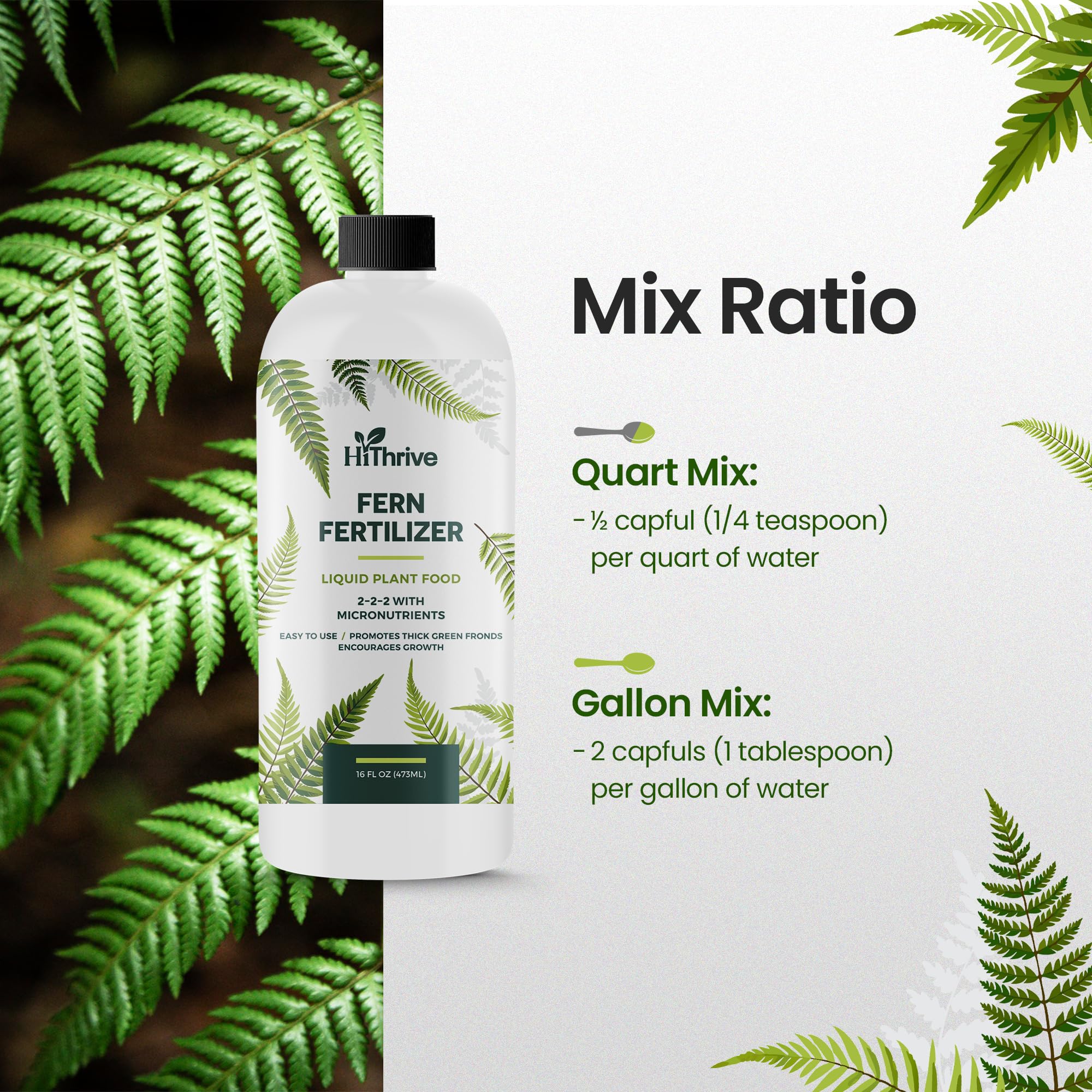 HiThrive fern fertilizer supports indoor and outdoor growth for lush greenery.