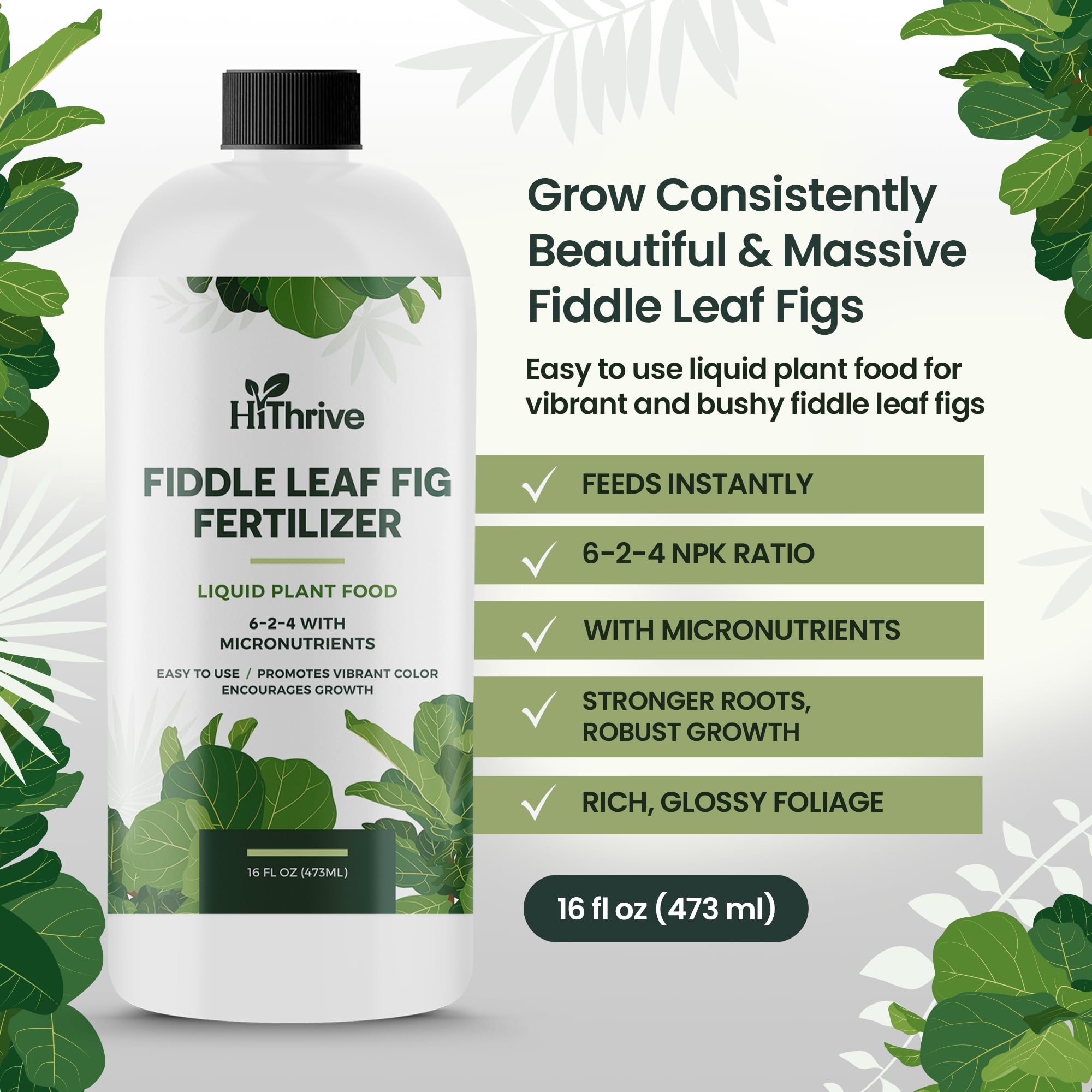 HiThrive fiddle leaf fig fertilizer bottle being poured into water for instant feeding.