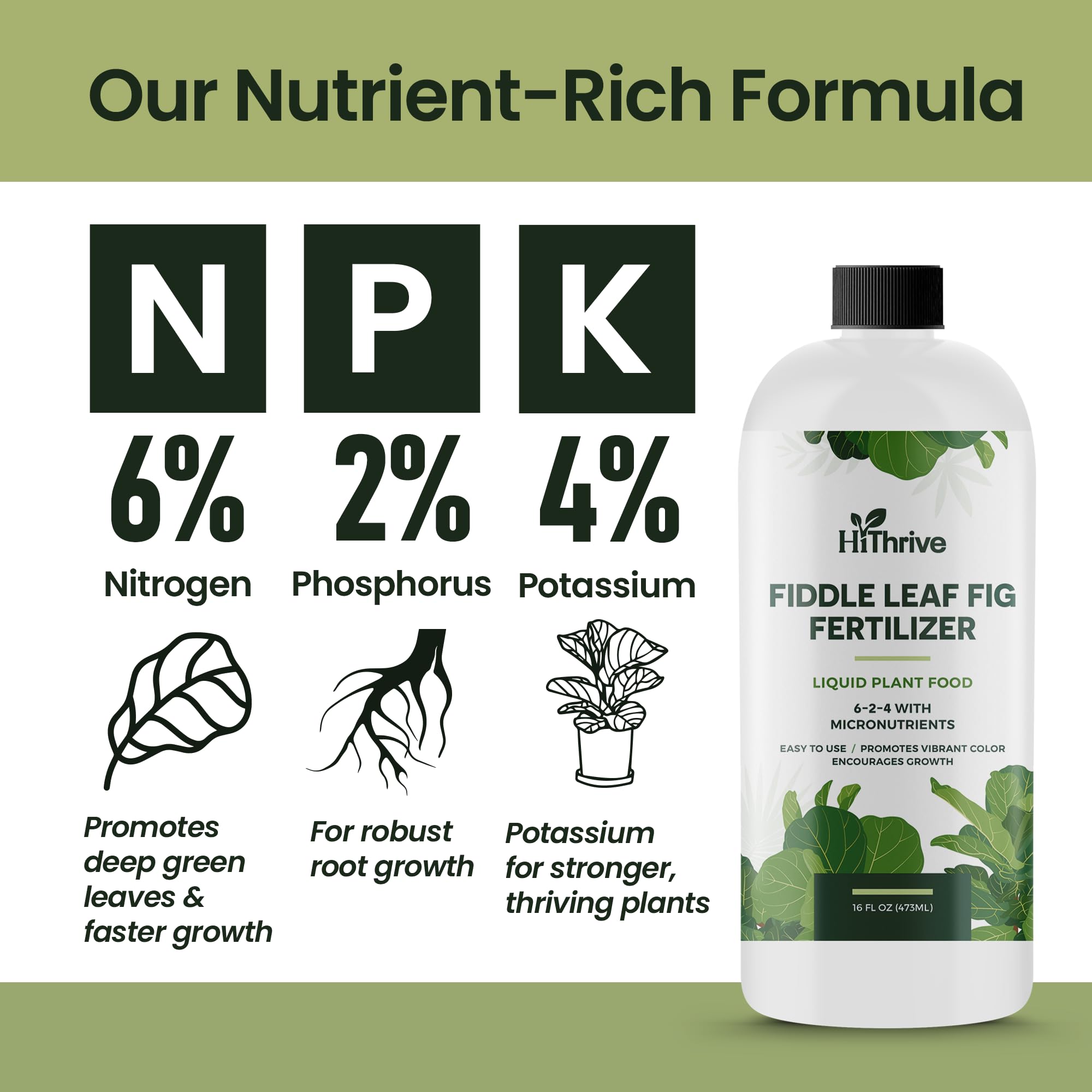 HiThrive fig tree fertilizer bottle with measuring cap shown for easy mixing.