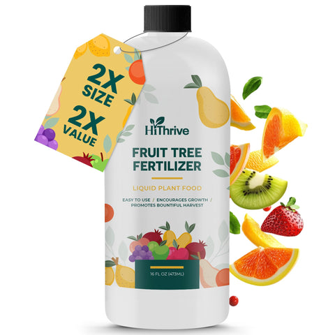 HiThrive fruit tree fertilizer bottle pour for easy outdoor application.