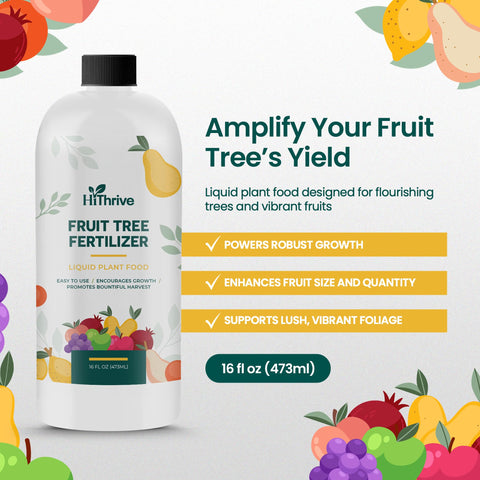 HiThrive fruit tree fertilizer label and measuring cup ready for mixing.