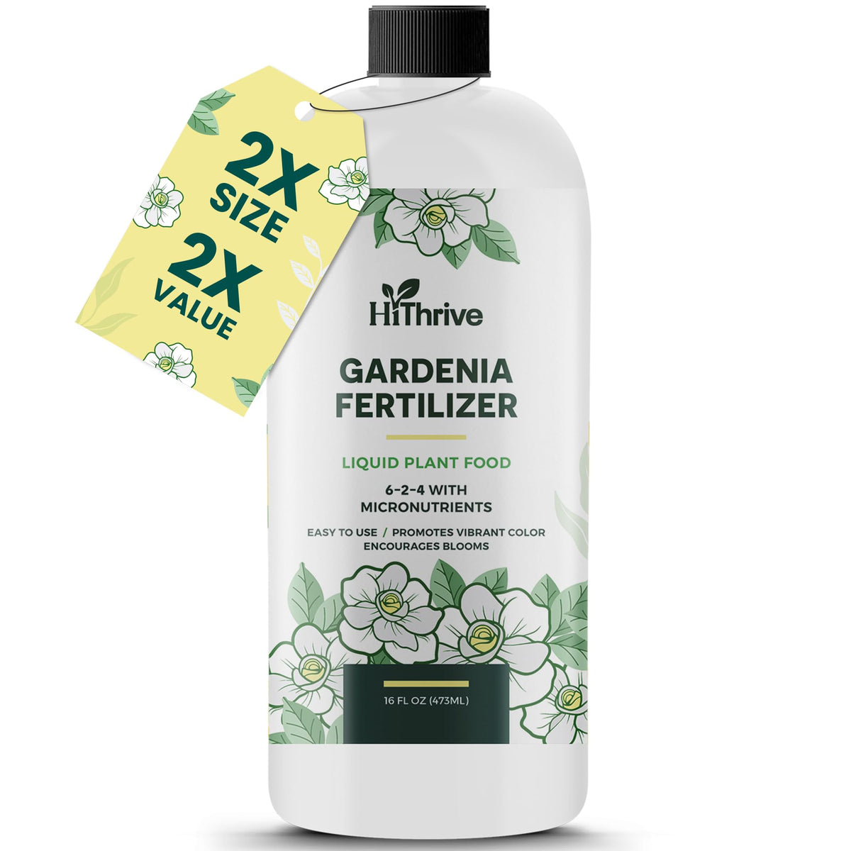HiThrive Gardenia Fertilizer 16oz bottle boosts abundant blooms.