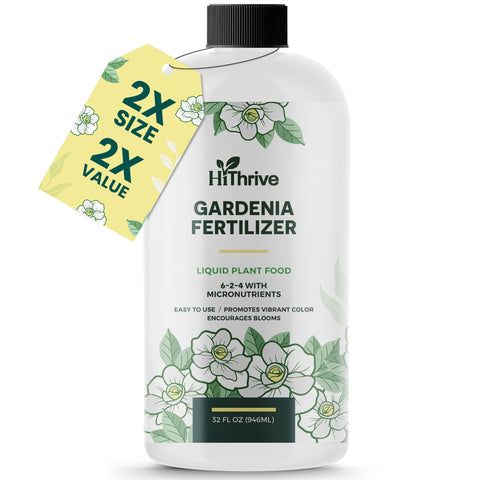 HiThrive Gardenia Fertilizer bottle promoting lush blooms.