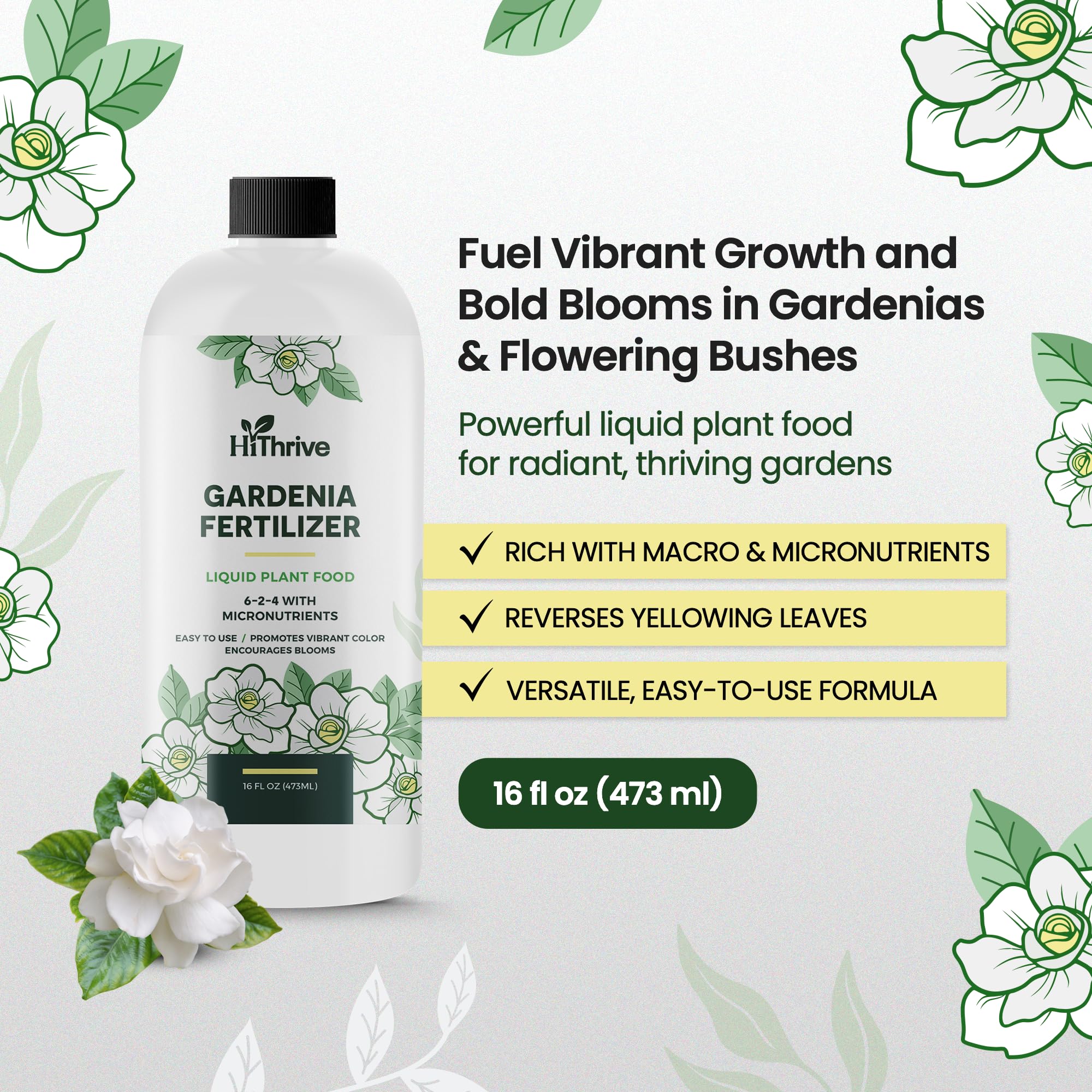 HiThrive Gardenia Fertilizer label close-up shows nutrient-rich formula for gardenias.