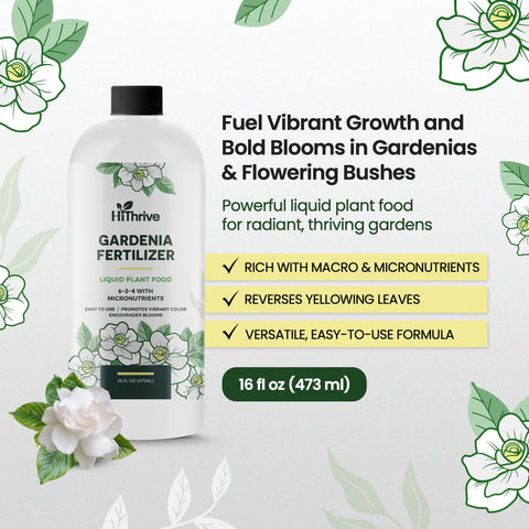 HiThrive Gardenia Fertilizer label close-up shows nutrient-rich formula for gardenias.