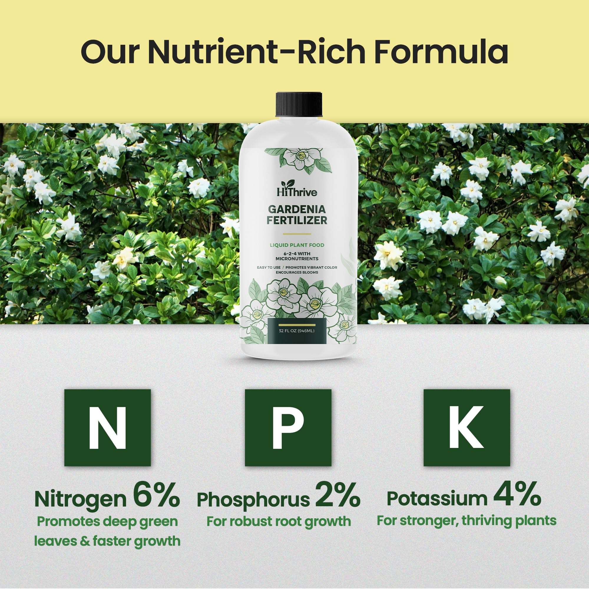 HiThrive Gardenia Fertilizer label detail explains nutrient mix.