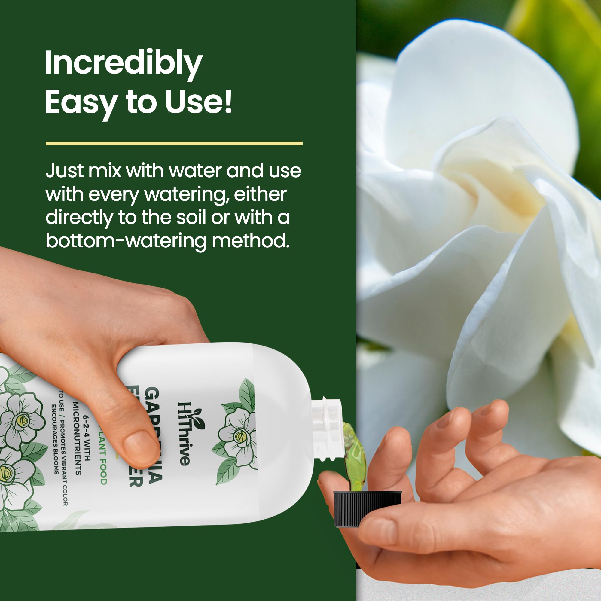 Outdoor flower bed receiving HiThrive Gardenia Fertilizer for vibrant color.