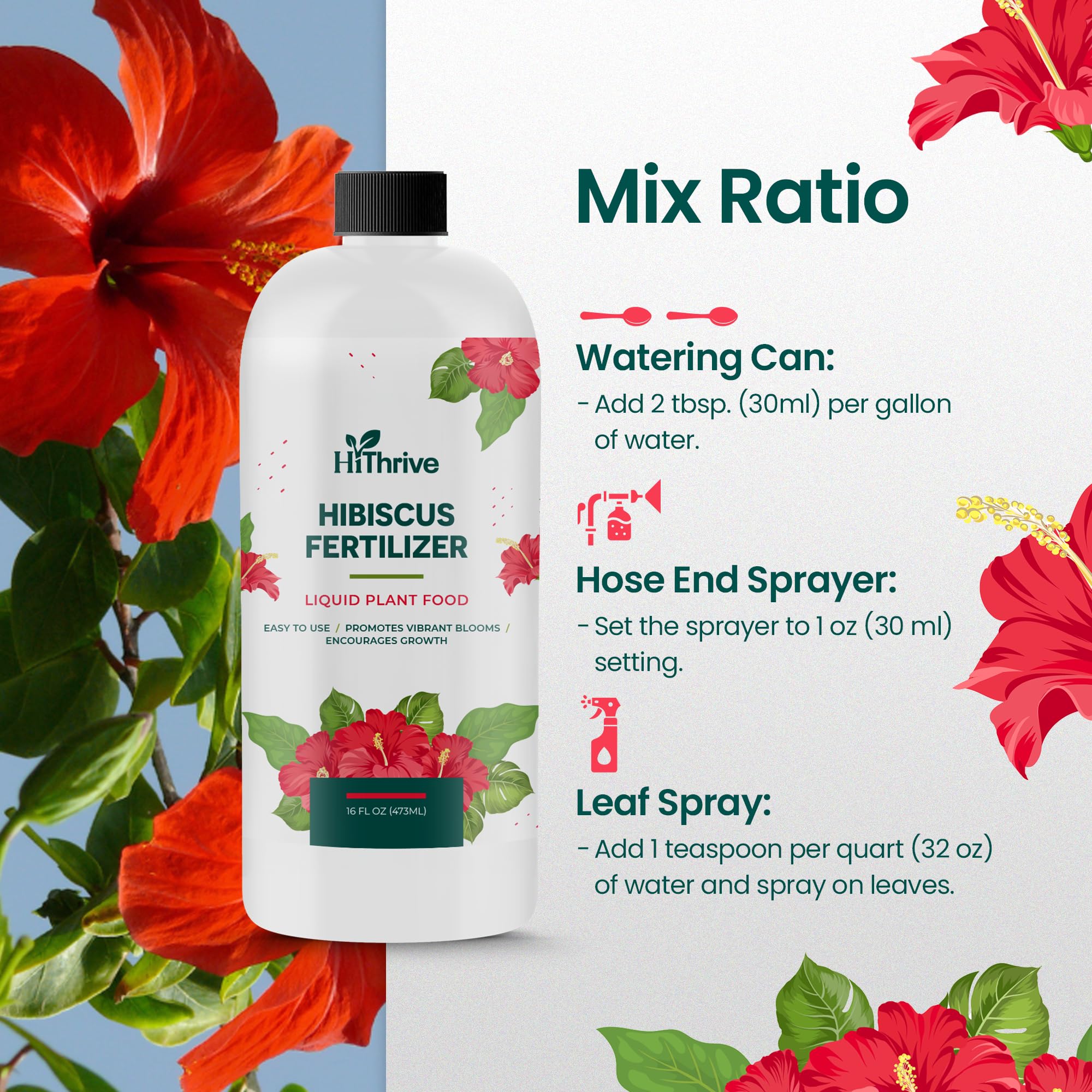 HiThrive hibiscus fertilizer promotes lush growth and brilliant flowers.