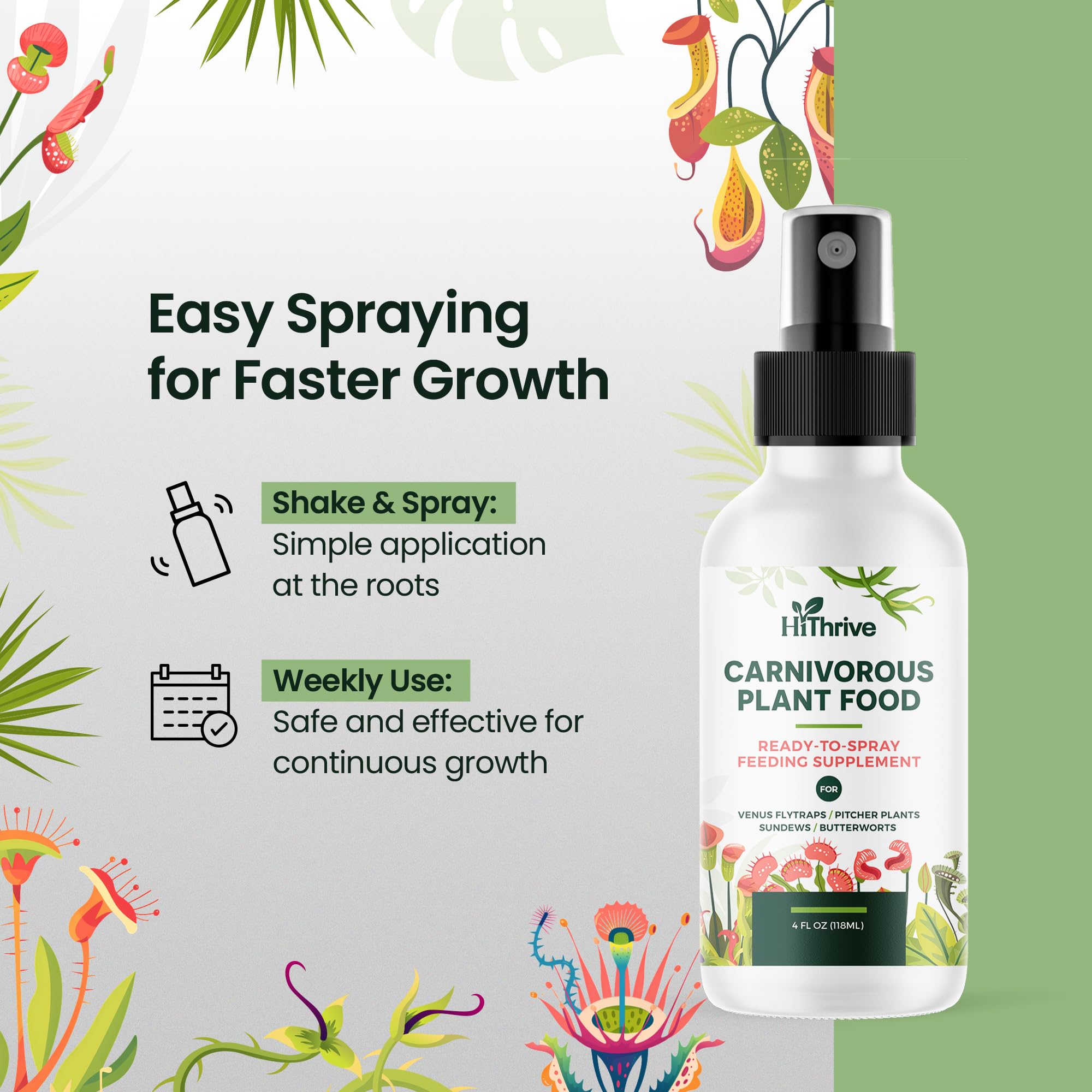 HiThrive indoor/outdoor plant fertilizer suitable for carnivorous species year-round.