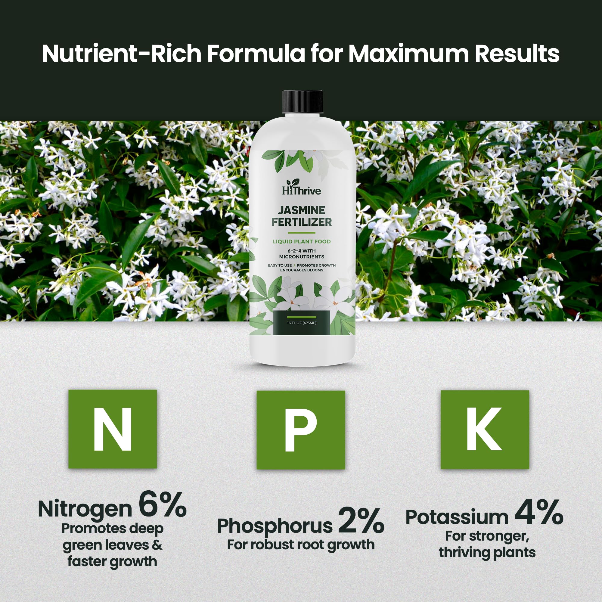 HiThrive Jasmine Fertilizer bottle beside blooming jasmine flowers