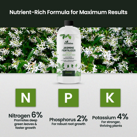 HiThrive Jasmine Fertilizer bottle beside blooming jasmine flowers