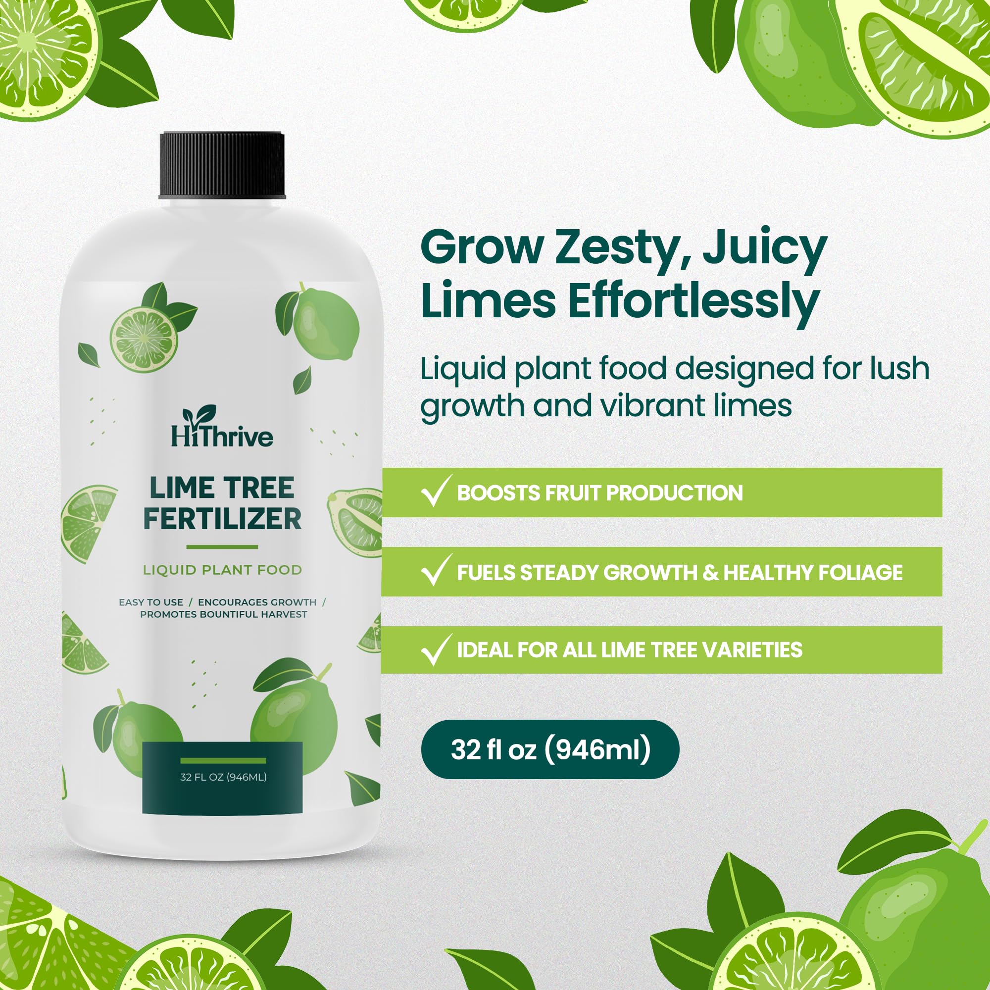 HiThrive Lime Tree Fertilizer 32oz label detail shows balanced nutrient blend for growth.