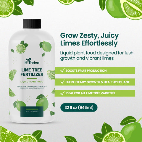 HiThrive Lime Tree Fertilizer 32oz label detail shows balanced nutrient blend for growth.