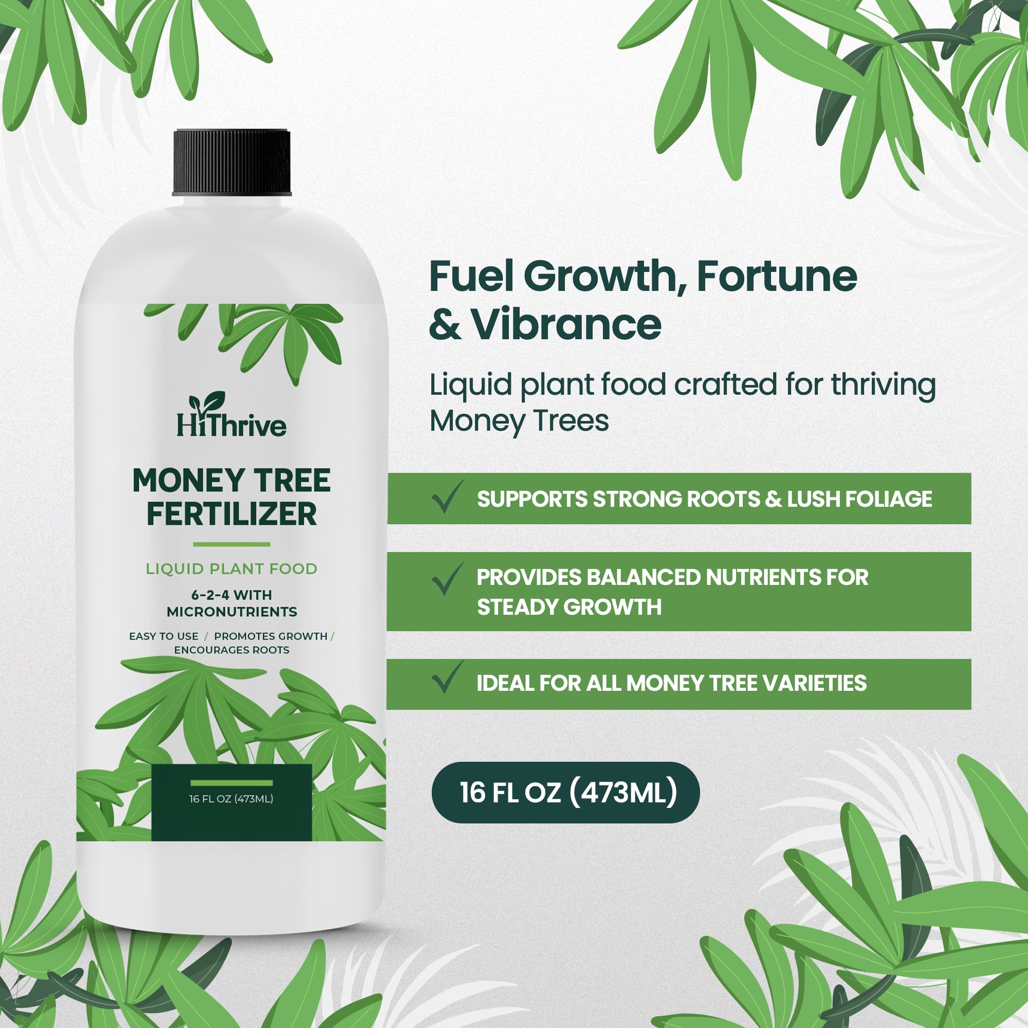HiThrive Money Tree fertilizer label closeup highlights nutrient-rich formula