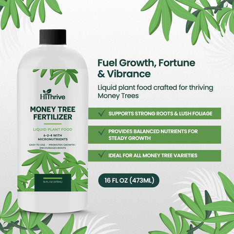 HiThrive Money Tree fertilizer label closeup highlights nutrient-rich formula