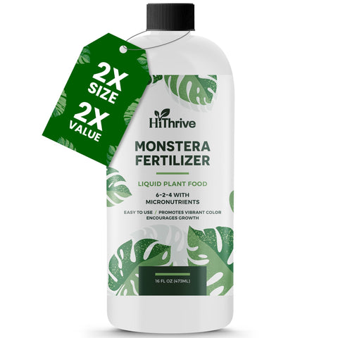 HiThrive Monstera fertilizer bottle enables rapid healthier growth for indoor plants.