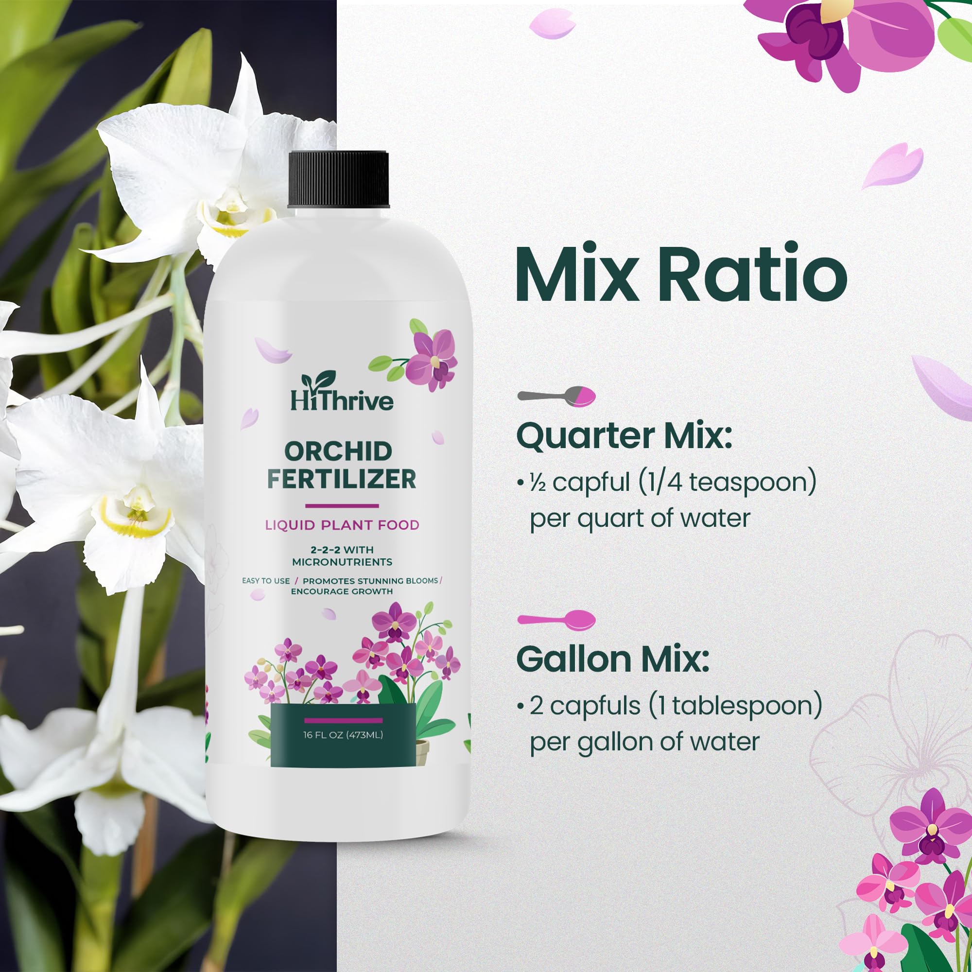 HiThrive Orchid Fertilizer being poured into water for feeding orchids.