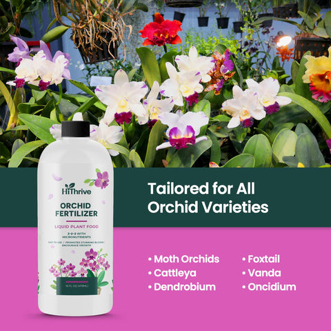 HiThrive Orchid Fertilizer nutrient label highlights key micronutrients for orchids.