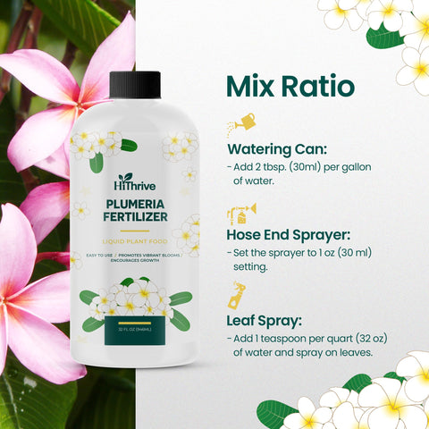 HiThrive Plumeria Fertilizer 32oz packaging highlights season-long value