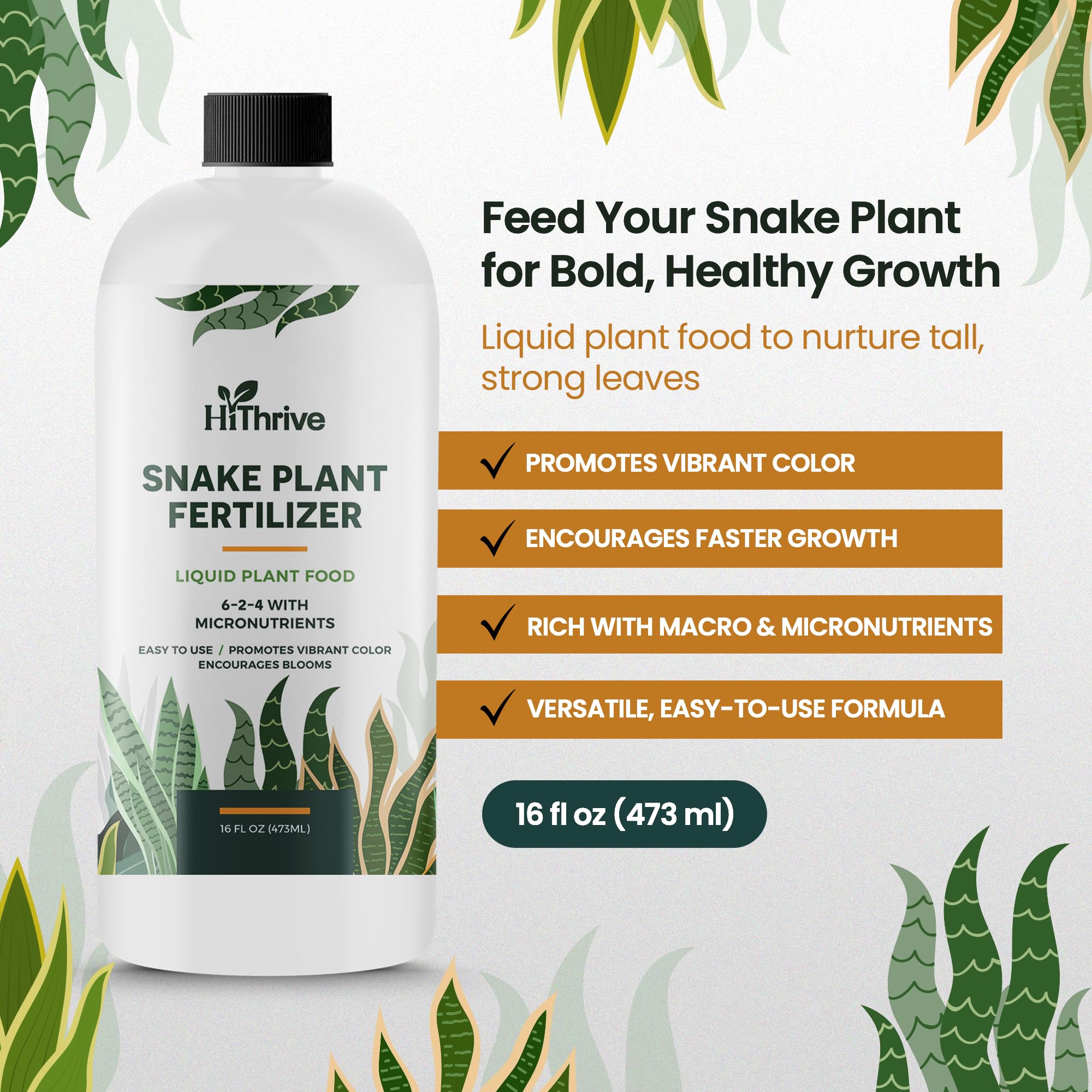 HiThrive Snake Plant Fertilizer cap measure highlights precise dosing for better results.